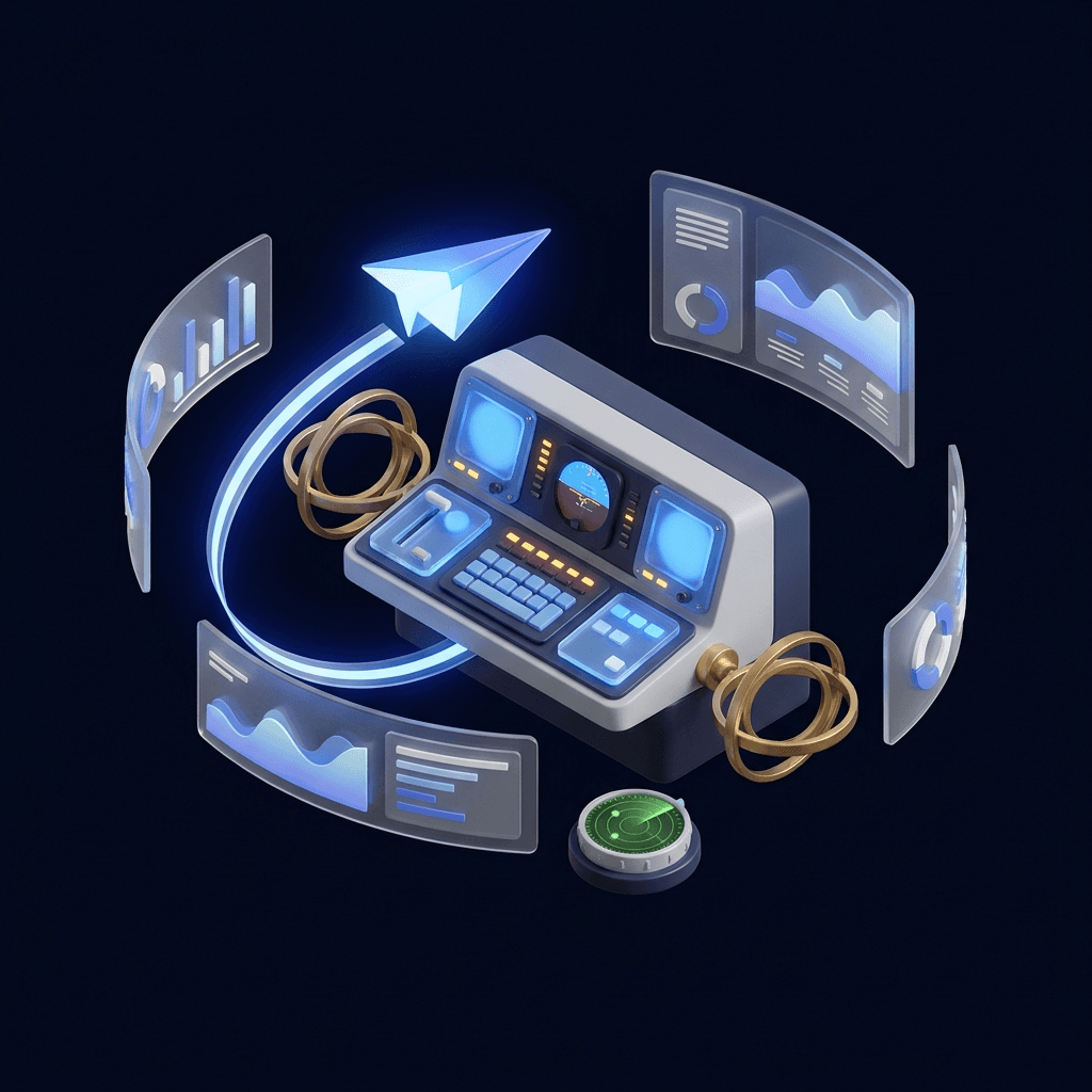Isometric autopilot console steering a glowing flight path between ad cards