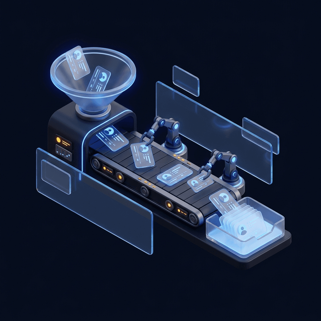 Isometric conveyor carrying lead cards from a funnel into an inbox