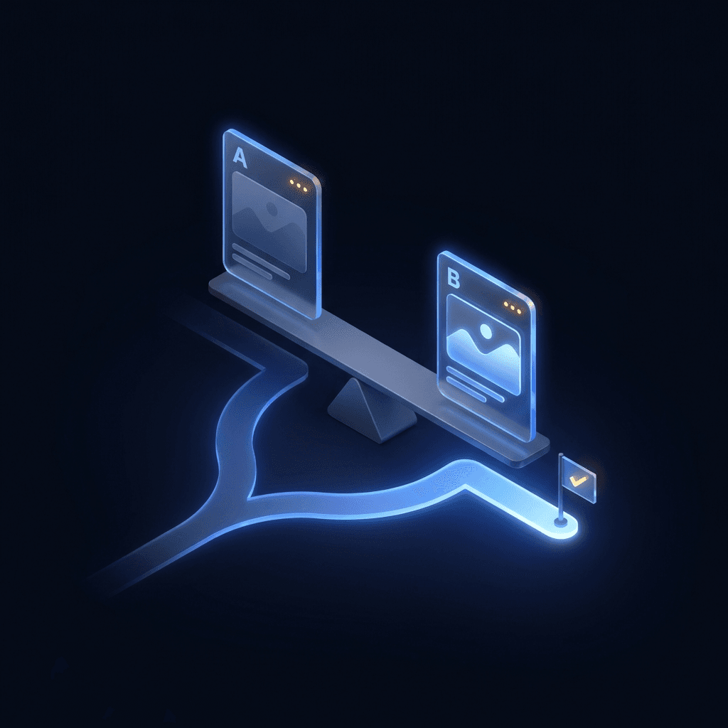 Two ad cards balanced on a scale above a forked glowing path